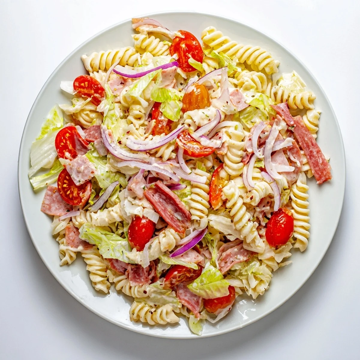 Colorful grinder pasta salad bowl featuring rotini, salami, provolone, and crisp cherry tomatoes