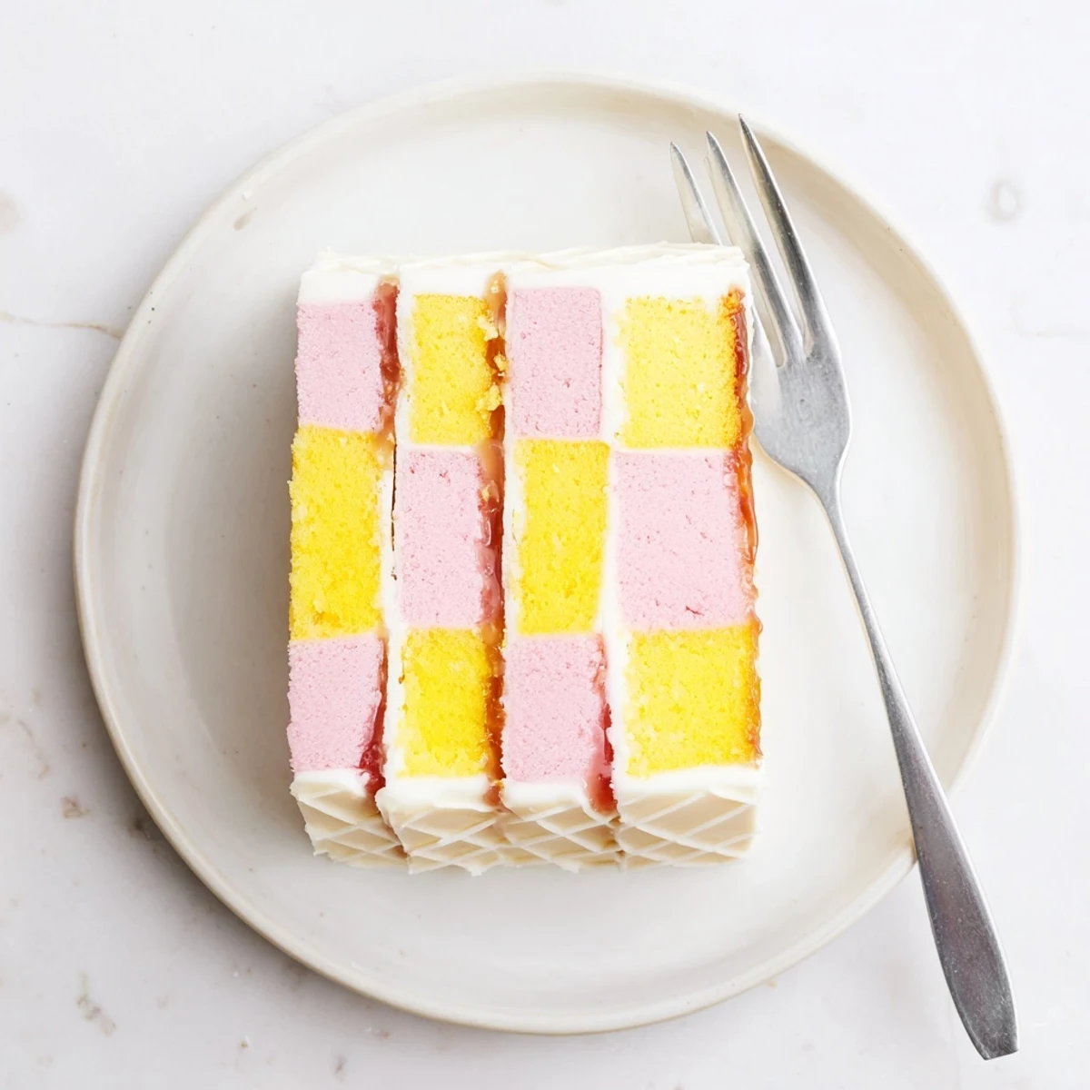 Golden marzipan-wrapped Battenberg Cake revealing pink and yellow checkerboard sponge slices