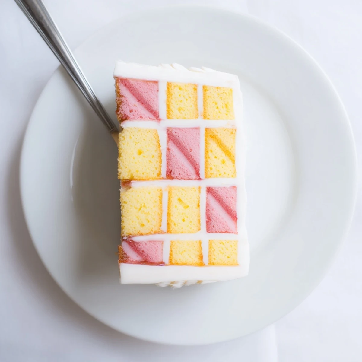 Classic Battenberg Cake with signature checkered pattern dusted with powdered sugar on serving plate