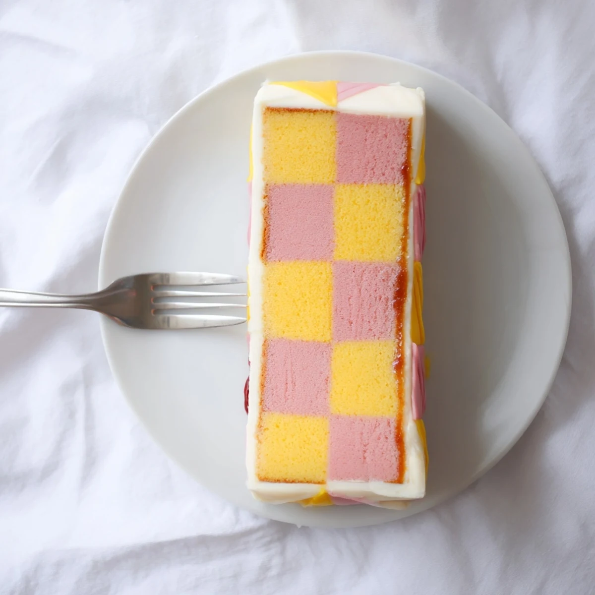British teatime Battenberg Cake featuring alternating pink and yellow sponge squares wrapped in smooth marzipan