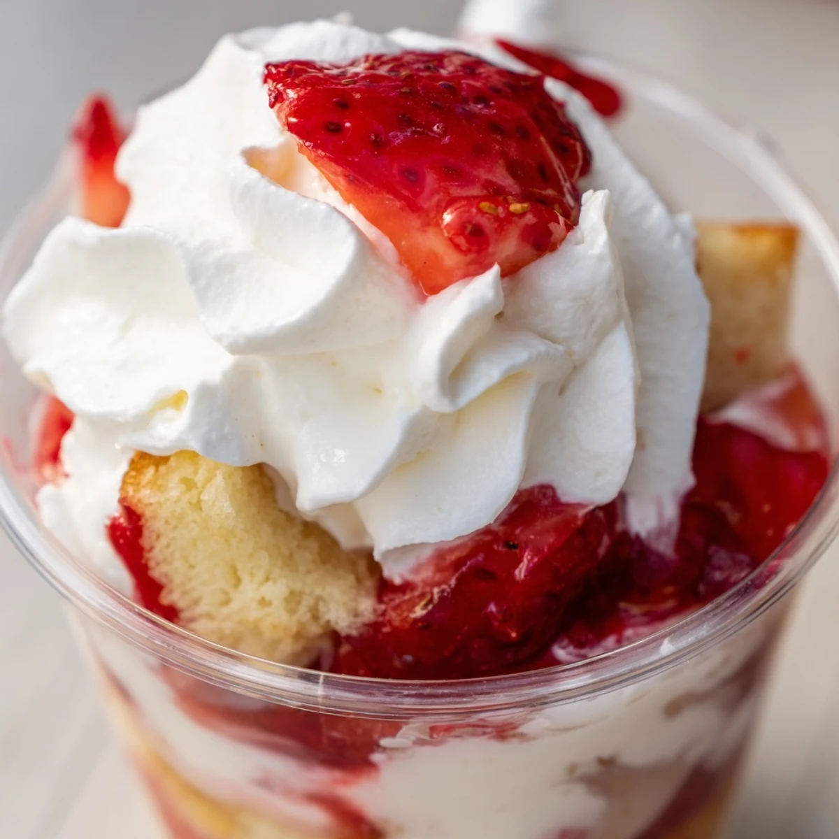 Golden strawberry shortcake cups layered with juicy red berries and fluffy white whipped cream