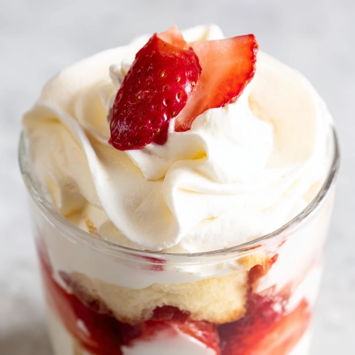 Individual strawberry shortcake cups showcasing tender cake cubes sweet macerated strawberries and cream topping