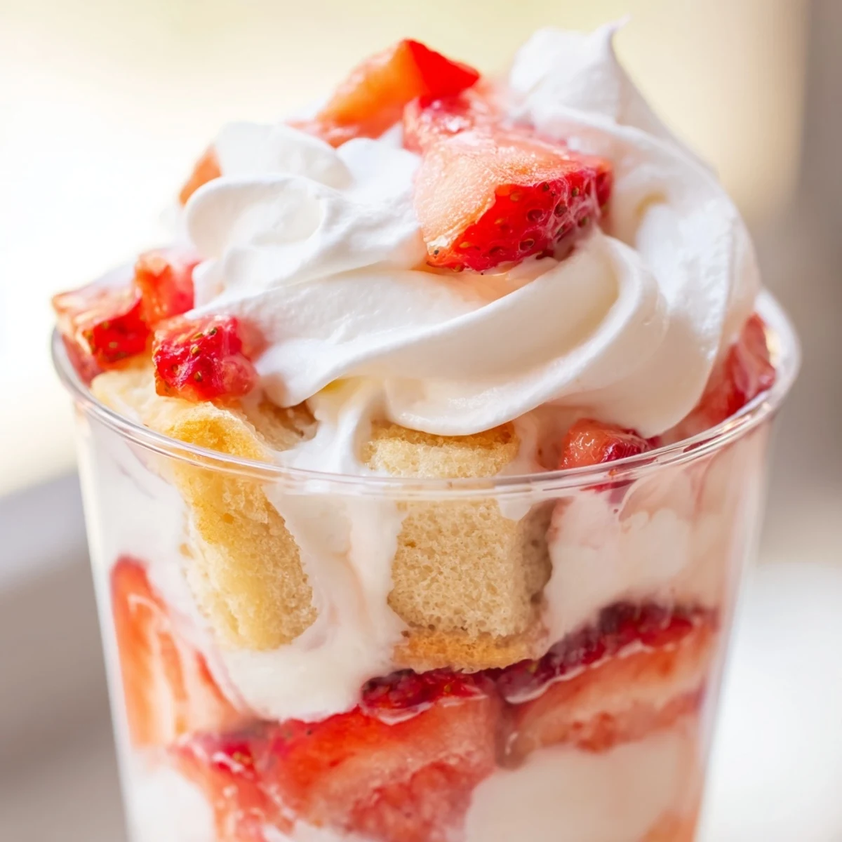 Clear dessert cups filled with strawberry shortcake layers topped with fresh whipped cream and berries