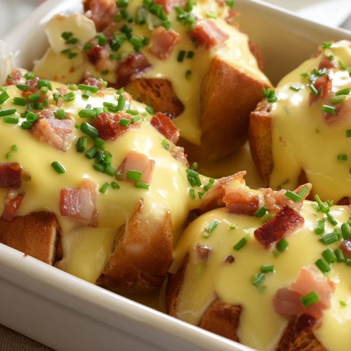 Golden baked Eggs Benedict casserole topped with creamy homemade hollandaise sauce and fresh chives