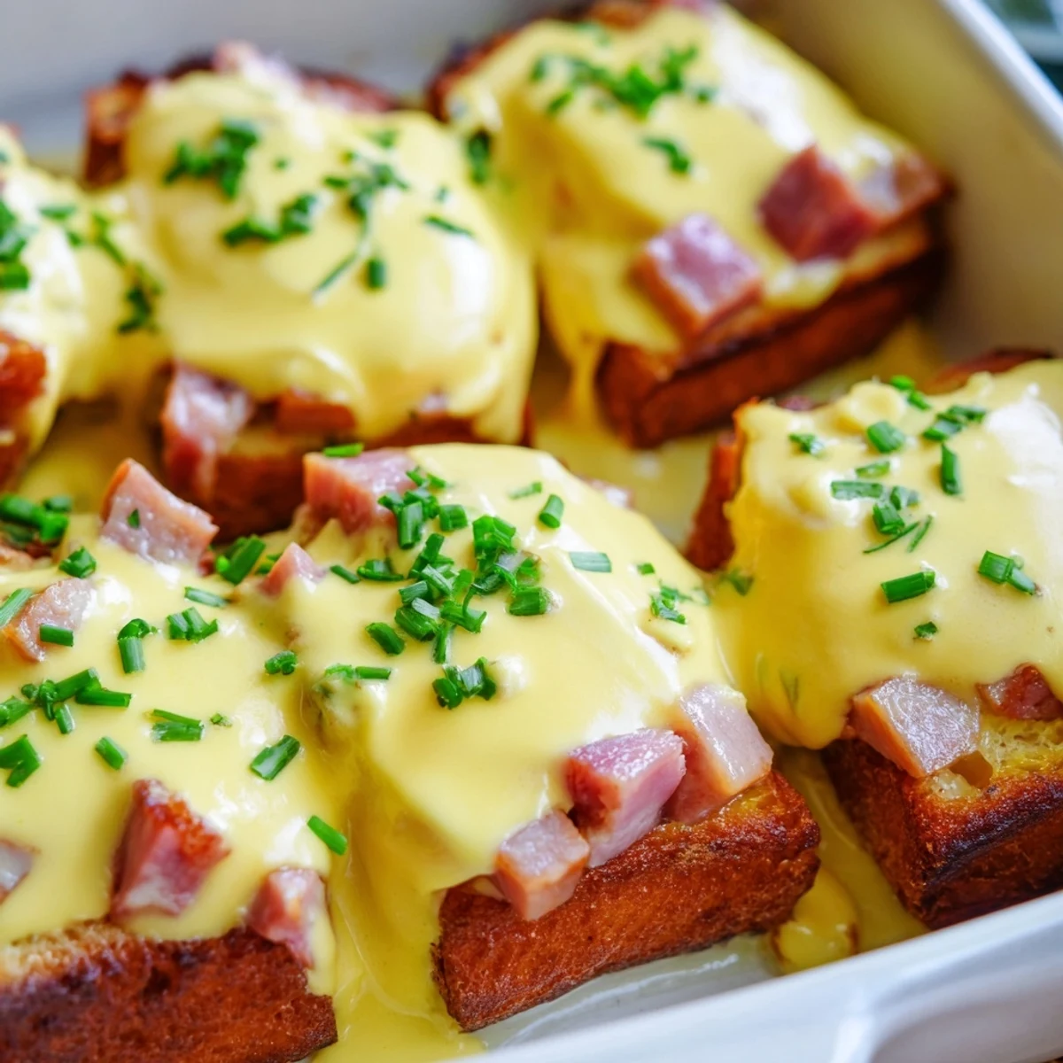 Fluffy egg and Canadian bacon breakfast bake with English muffin layers drizzled with buttery hollandaise