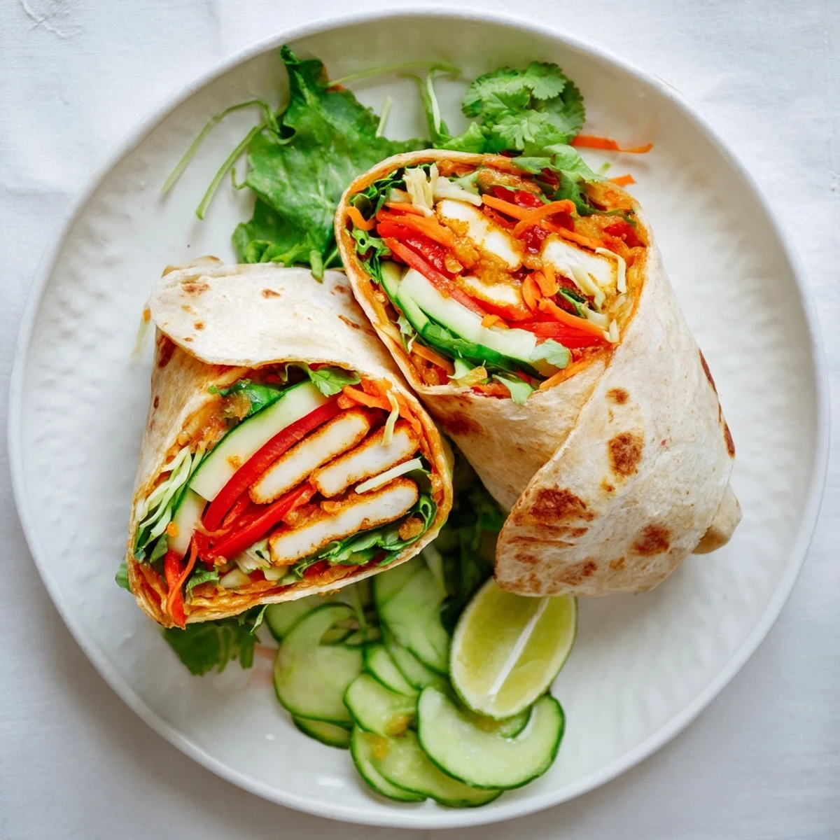 Golden fried halloumi strips nestled in flour tortillas with crisp colorful julienned vegetables