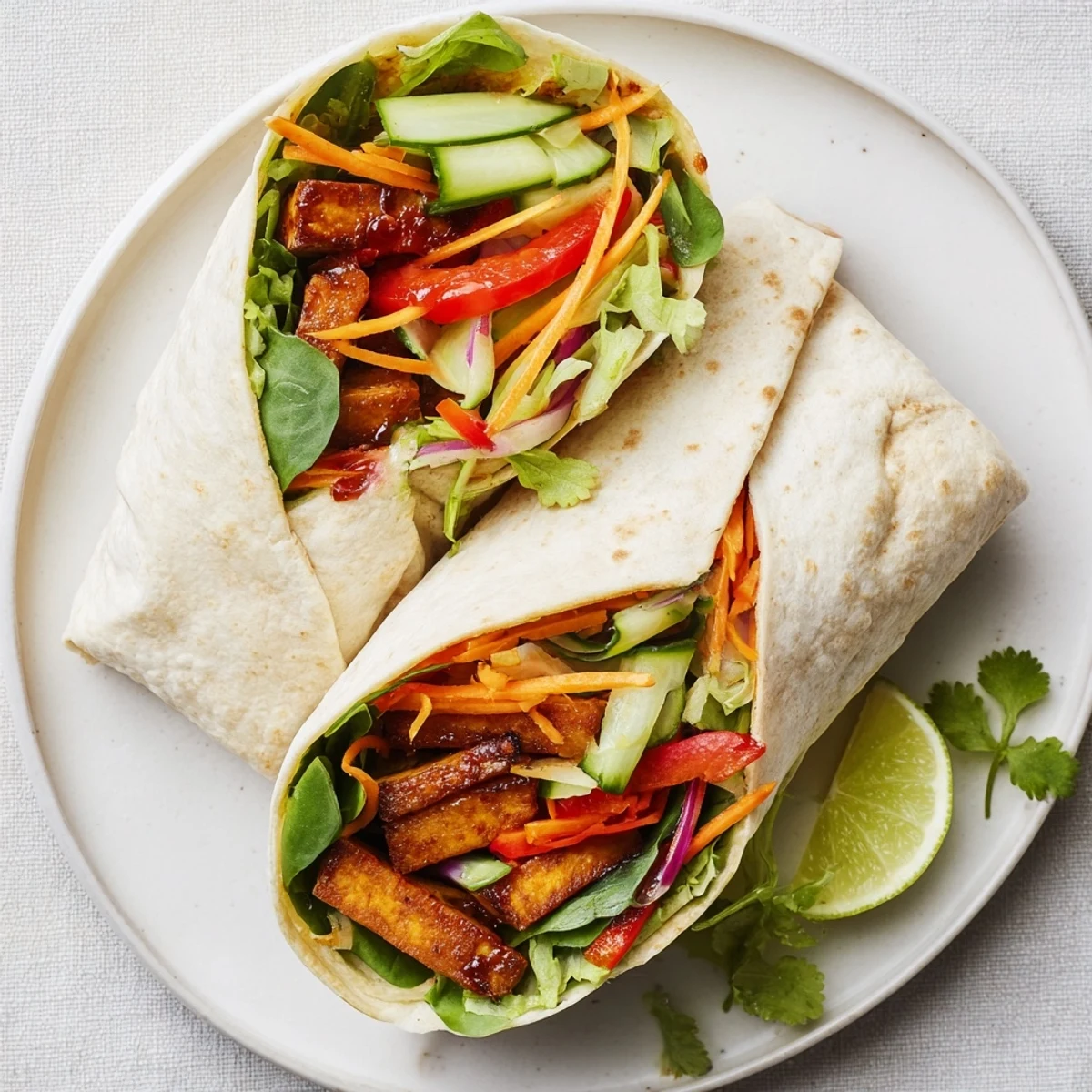 Vegetarian sweet chili halloumi wraps sliced open revealing vibrant vegetables and tangy glaze