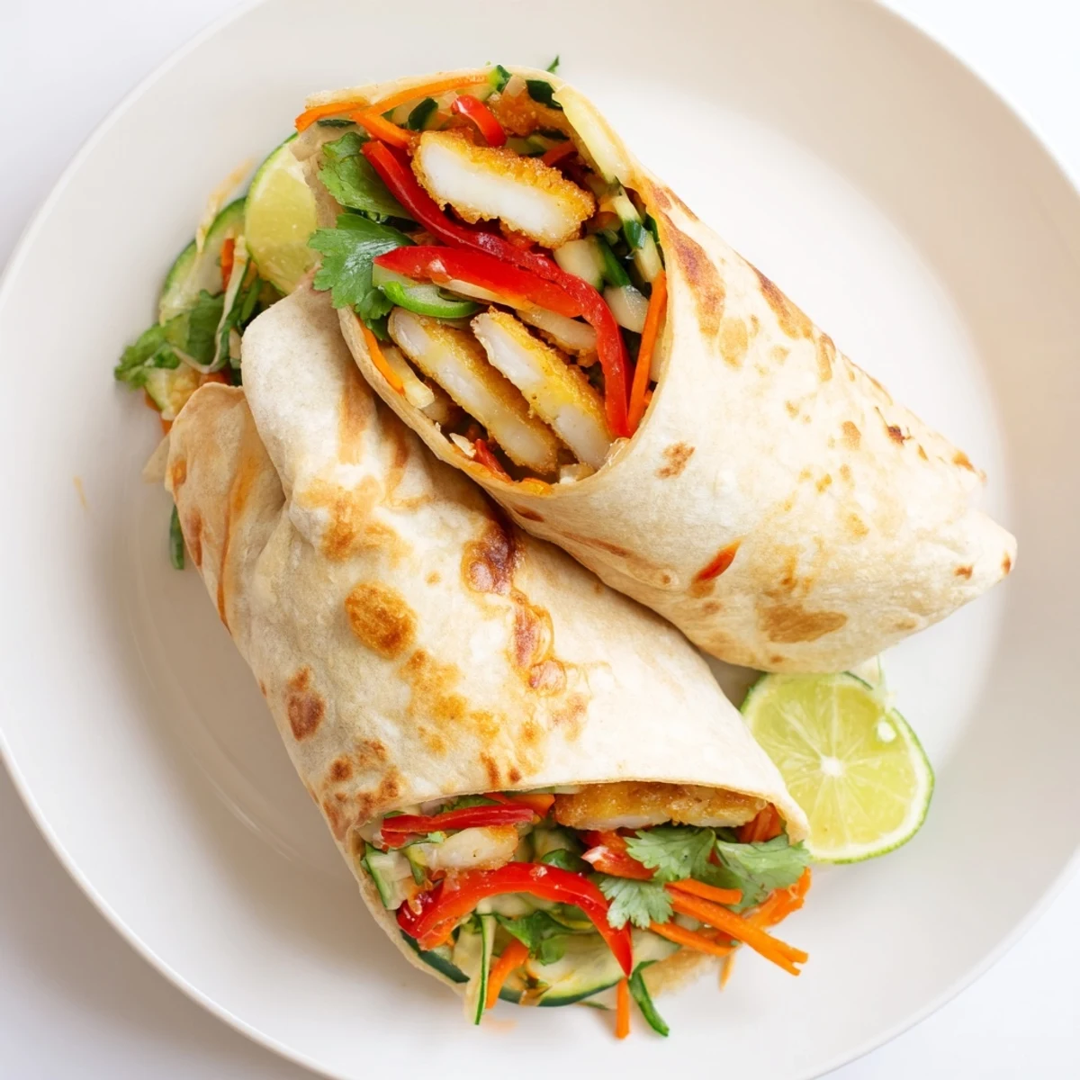 Crispy pan-fried halloumi cheese wraps overflowing with fresh cucumber, carrot, and bell pepper strips