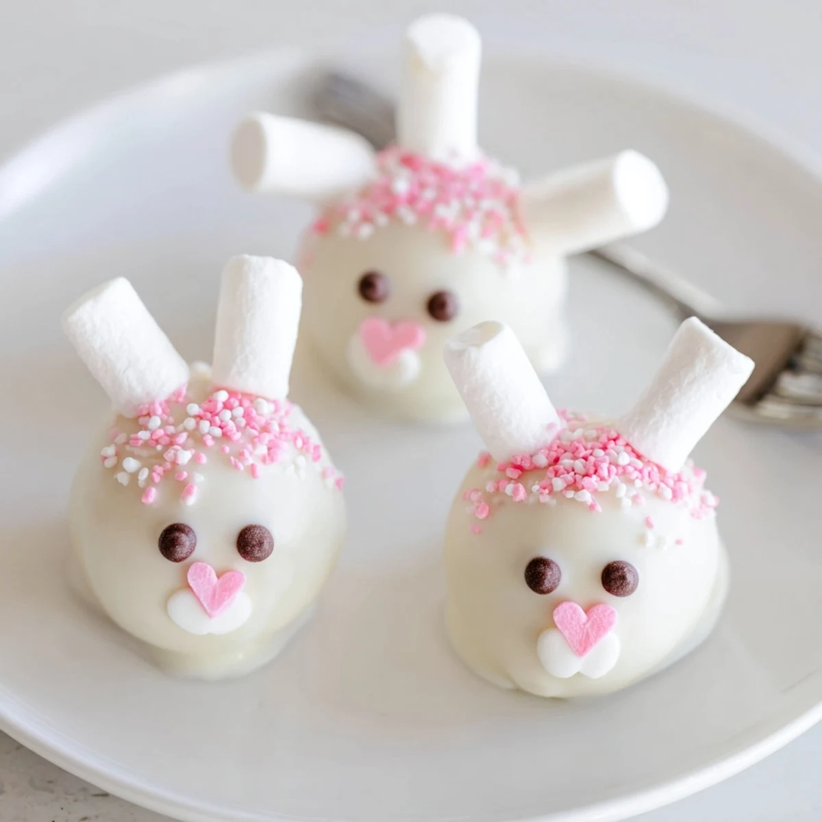 Easter Bunny Oreo balls on a white plate decorated with marshmallow ears, heart noses, and chocolate eyes
