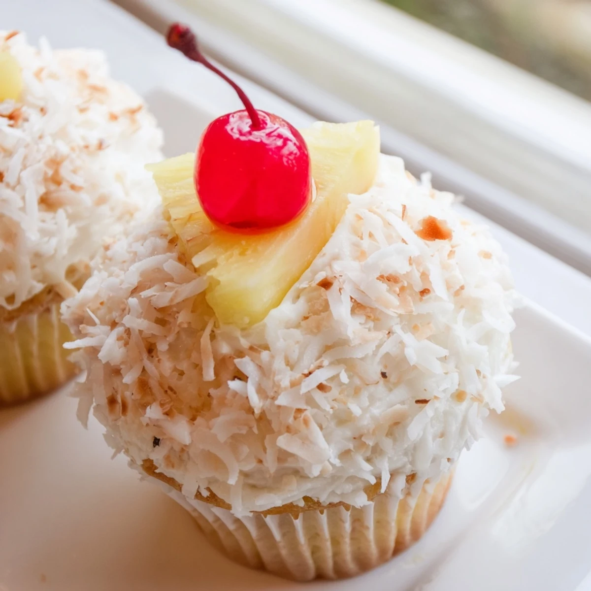 Tropical Pina Colada Cupcakes with toasted coconut garnish and fresh pineapple wedge on white plate