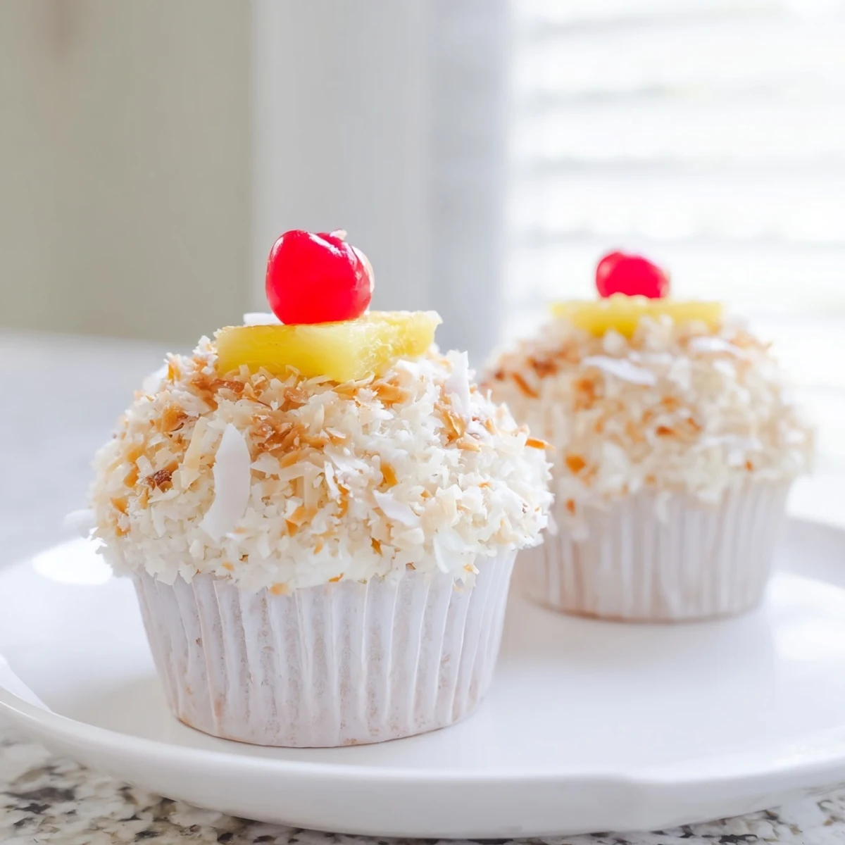 Golden Pina Colada Cupcakes topped with fluffy white coconut frosting and red maraschino cherries