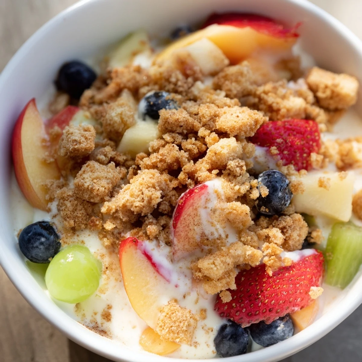 Creamy cheesecake fruit salad bowl featuring juicy peaches, strawberries, and vanilla wafer topping