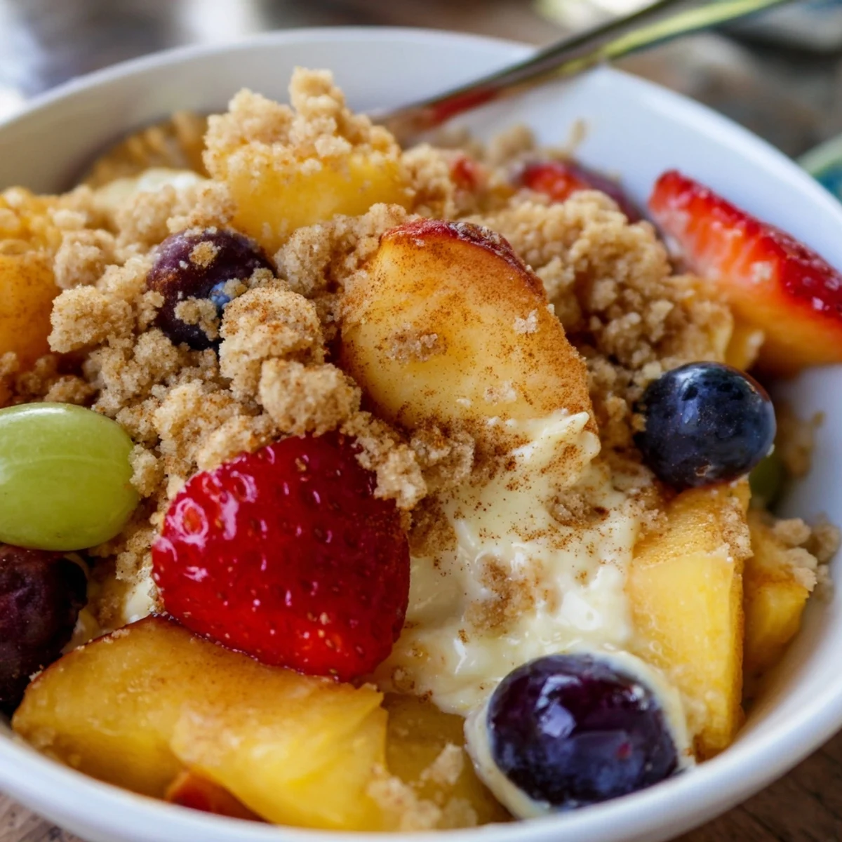 Summer dessert salad with peaches, blueberries, and sweet cheesecake coating on crisp cinnamon crumbles