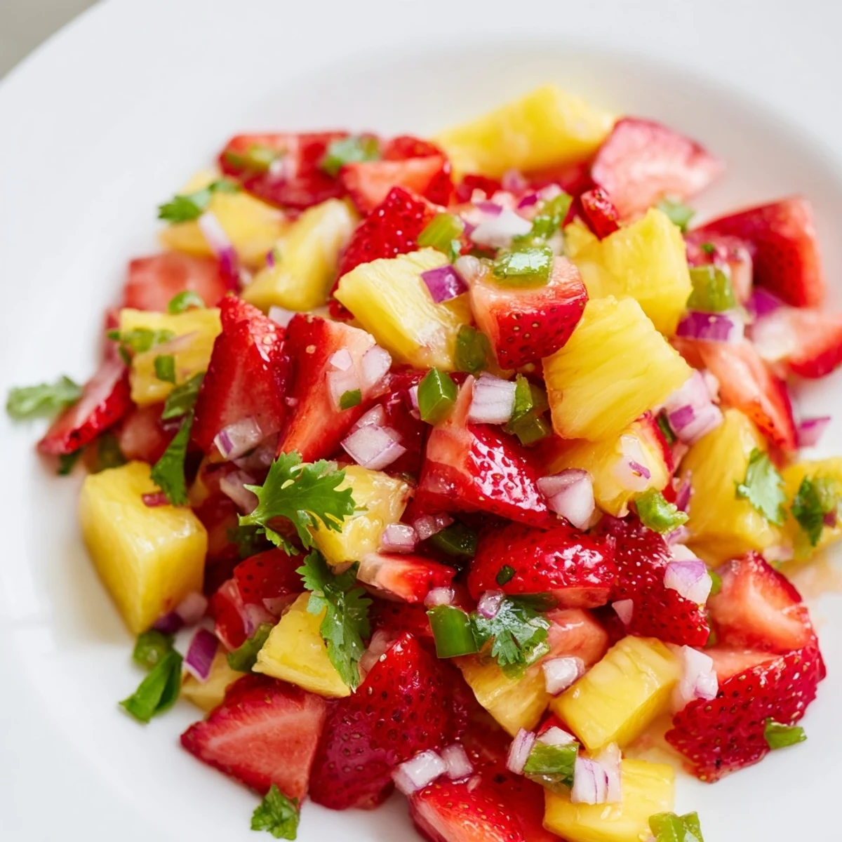 Colorful strawberry pineapple salsa in white bowl with chips and fresh herbs