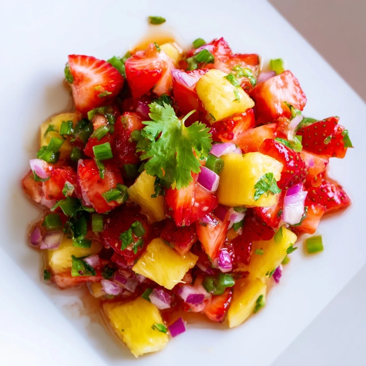 Summer strawberry pineapple salsa scooped with tortilla chips on rustic wooden board