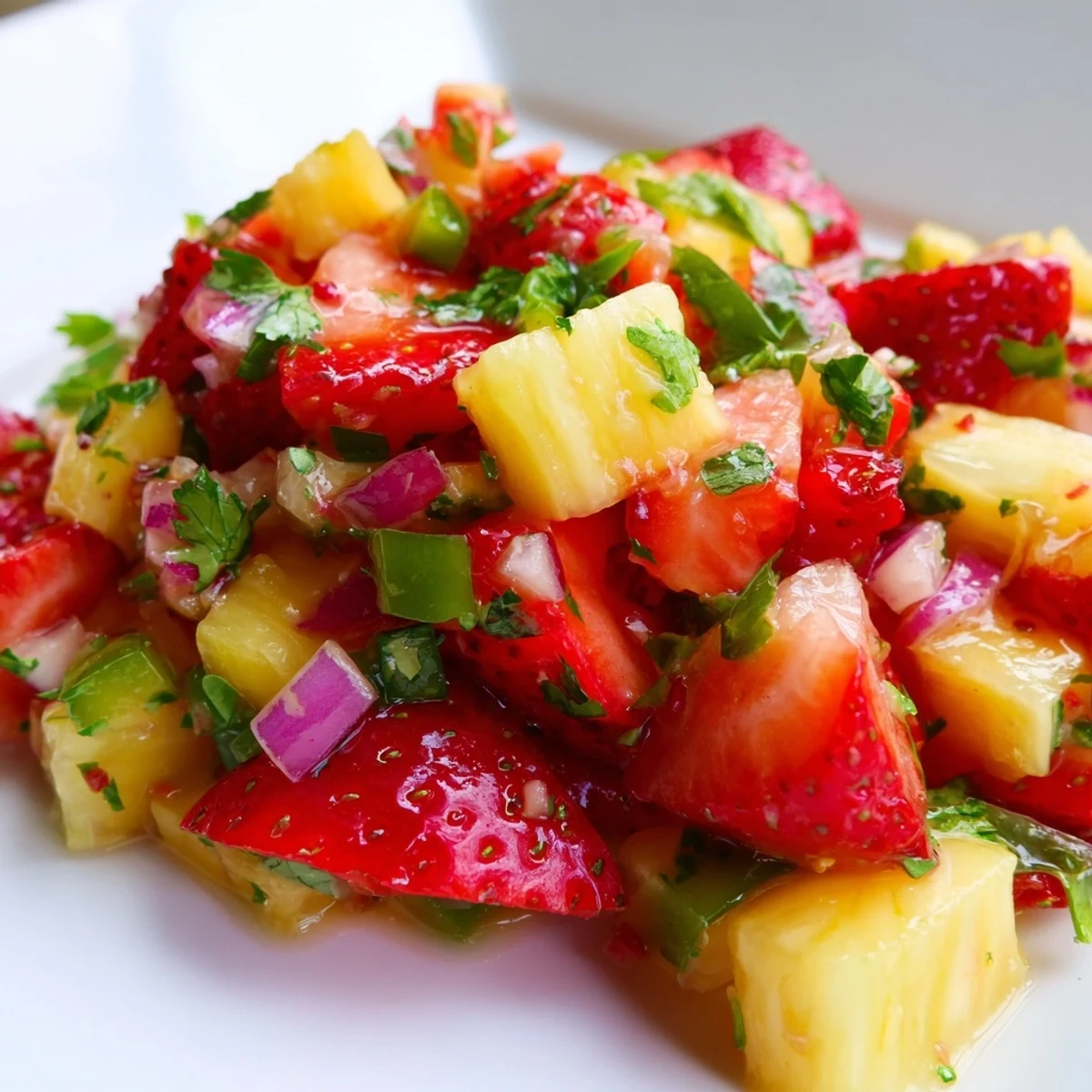 Bright fruit salsa featuring juicy strawberries and pineapple with cilantro and lime