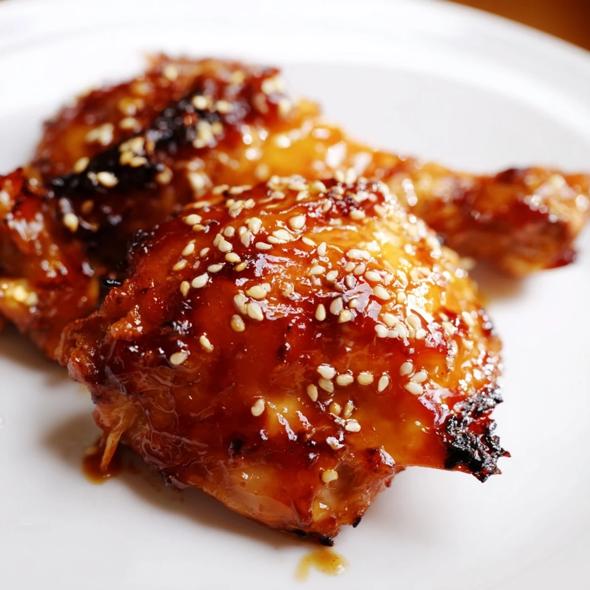 Plate of spicy maple chicken with coconut rice featuring a glossy sweet and sticky glaze