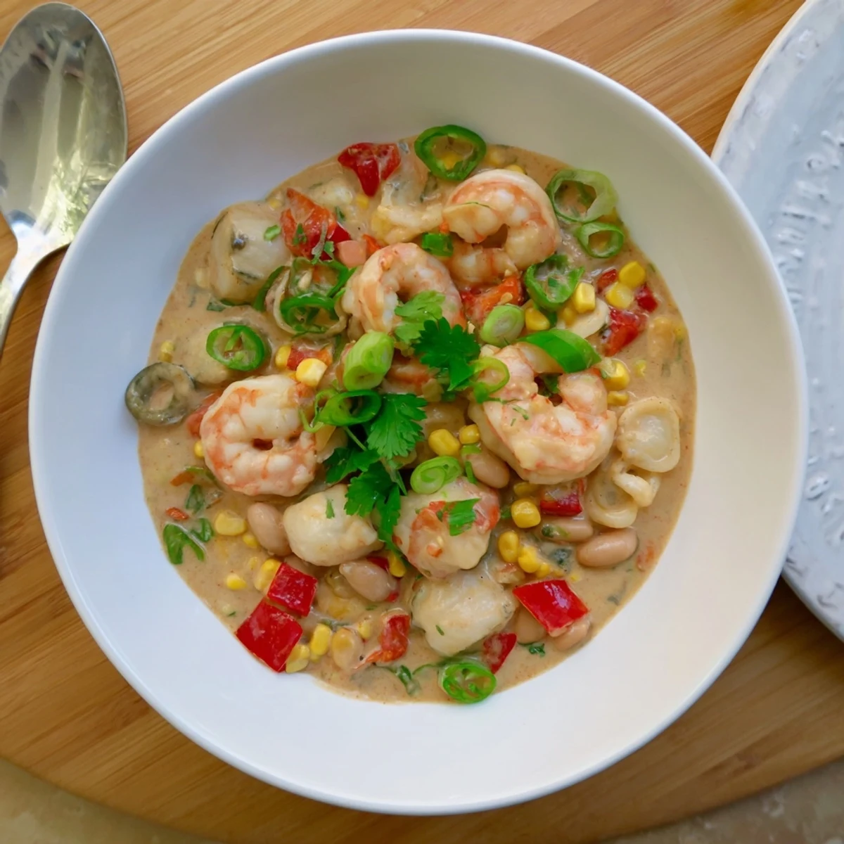Golden bowl of creamy seafood and shrimp chili topped with fresh cilantro and lime wedges