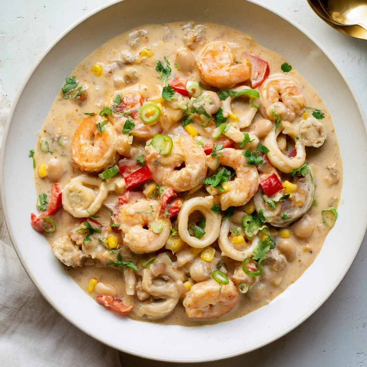 Hearty seafood and shrimp chili garnished with green onions over a rustic wooden table