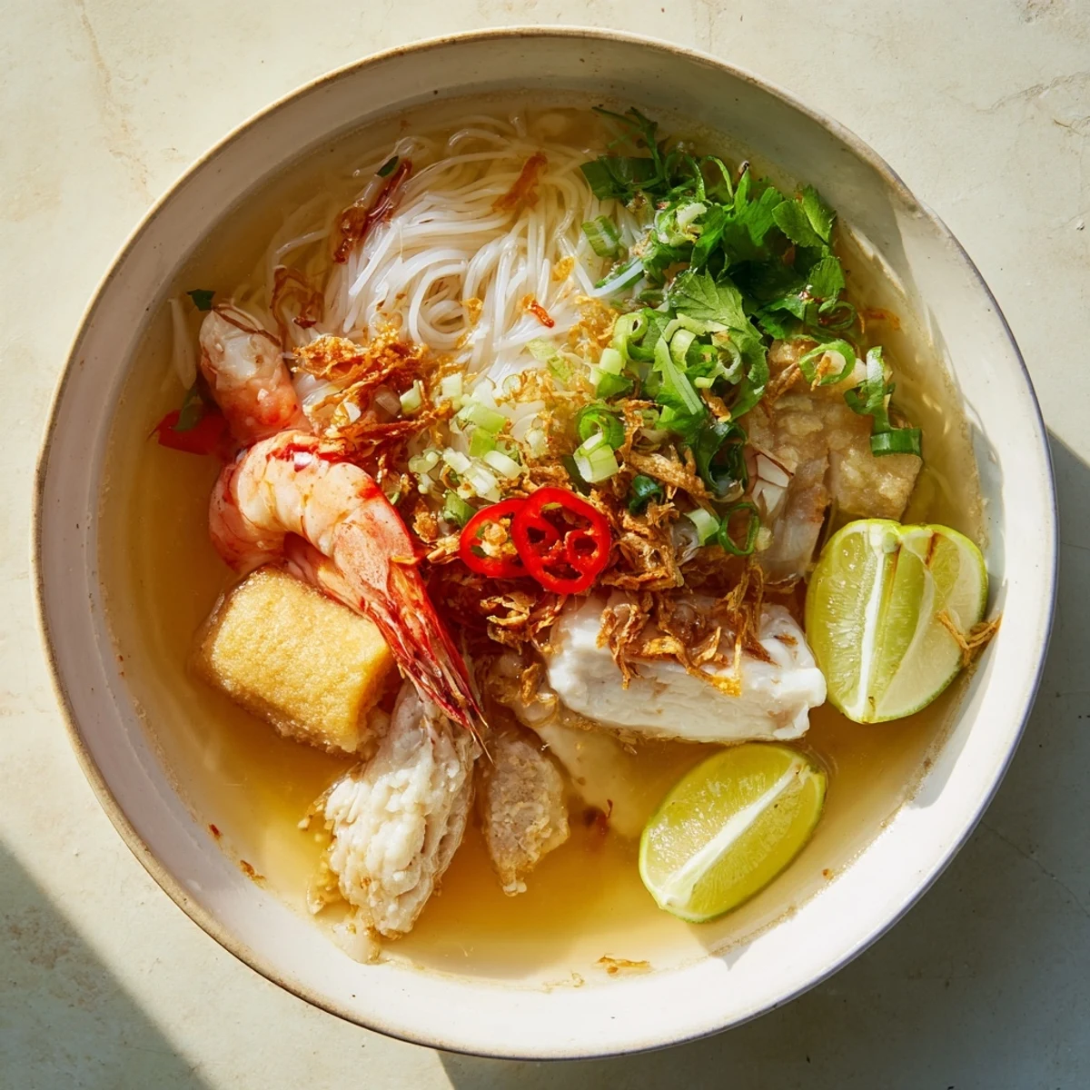 Garnished Vietnamese crab noodle soup featuring spring onions, cilantro, and fried shallots over chewy banh canh noodles