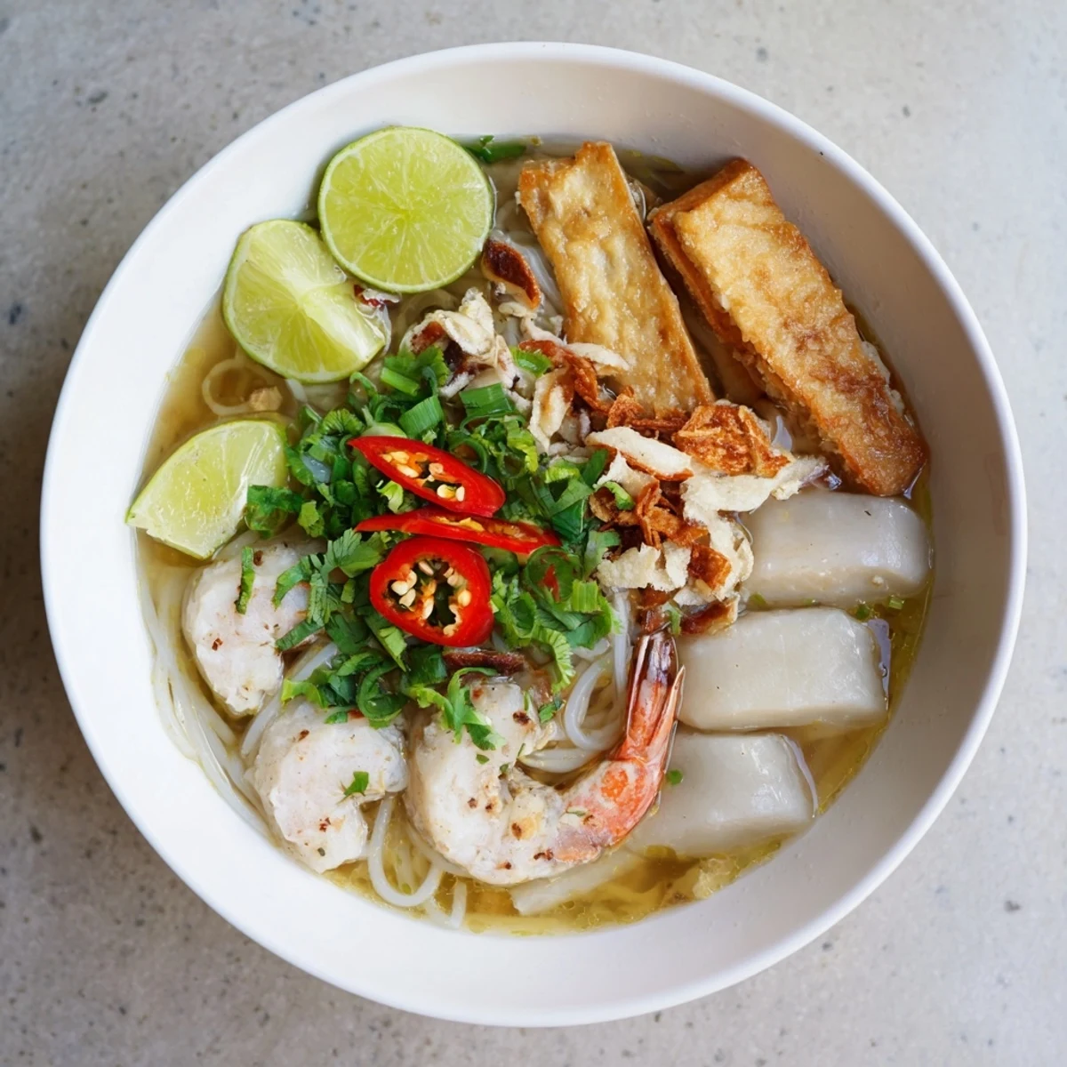 Steaming bowl of Banh Canh Cua with thick tapioca noodles and succulent crab meat in aromatic broth
