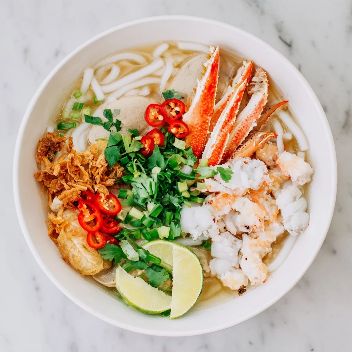 Rich Banh Canh Cua topped with fresh crab, shrimp, and fish cakes served with lime wedges