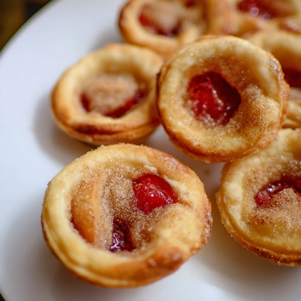 Golden cherry pie bites with bubbling red fruit filling nestled in buttery flaky crusts