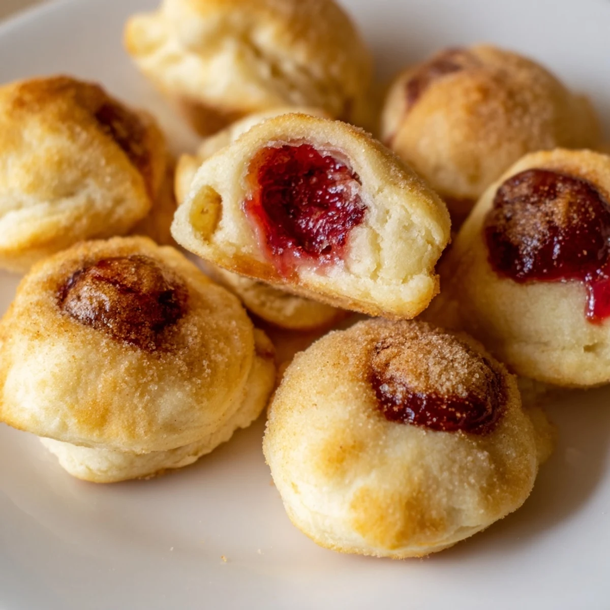 Mini cherry pie bites sprinkled with cinnamon sugar on a rustic wooden serving board