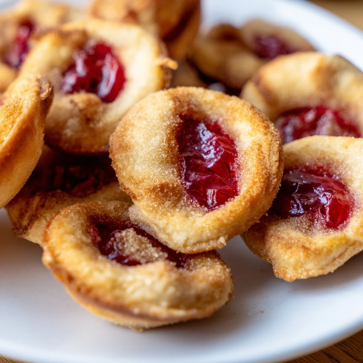 Freshly baked cherry pie bites arranged on a white plate with sweet cherry filling visible