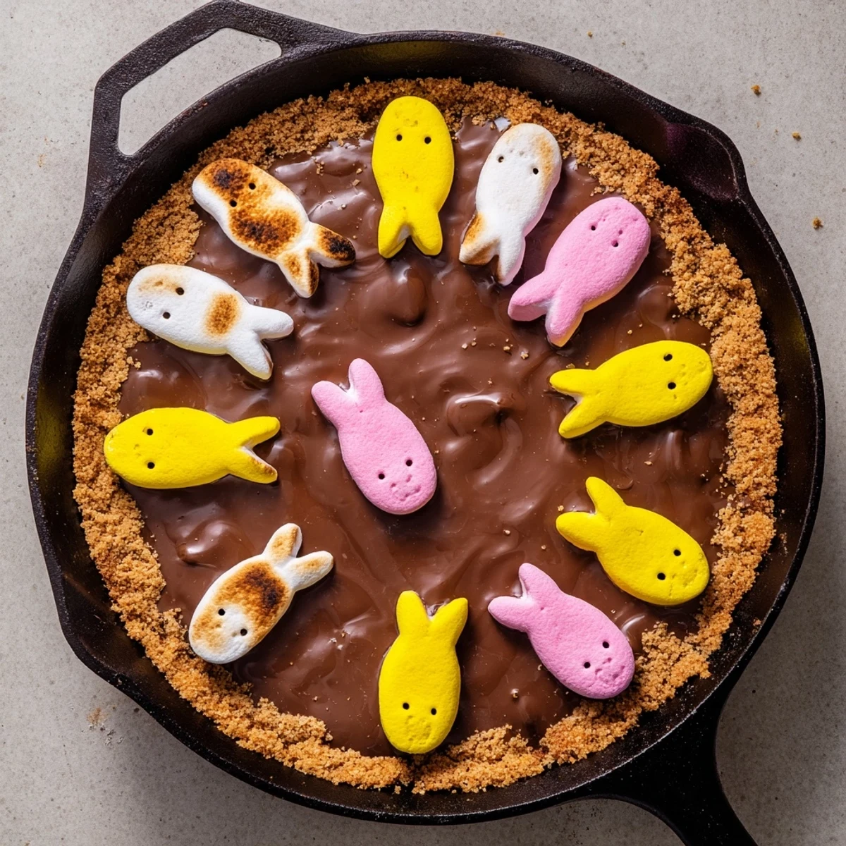 Golden Peeps skillet smores with melted chocolate chips and graham crackers for dipping