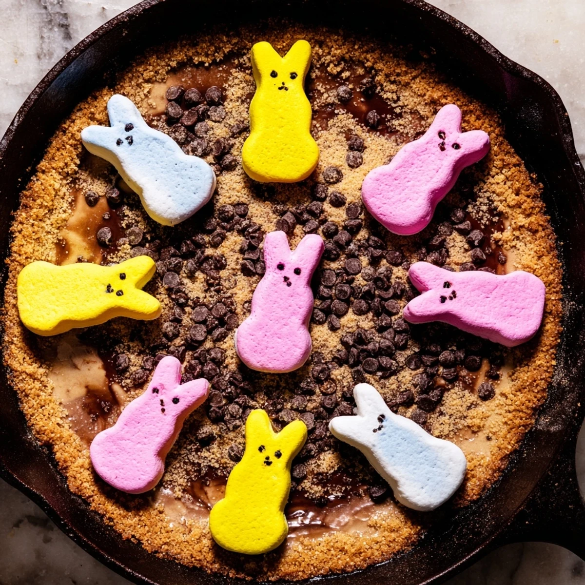 Colorful Easter Peeps marshmallow chicks toasted over gooey chocolate in a cast iron skillet