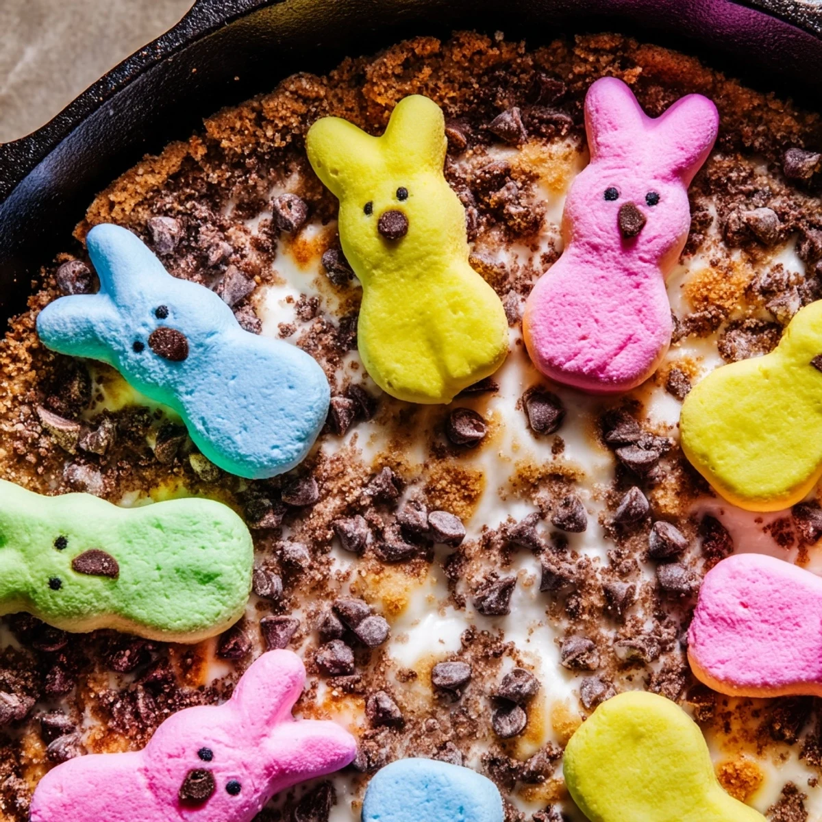 Festive Peeps skillet smores featuring puffed marshmallows and semi-sweet chocolate in an oven-baked dish