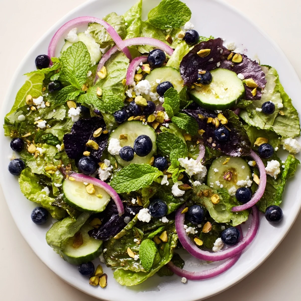 Fresh blueberry pistachio spring salad with crisp greens, feta, and tangy lemon-honey dressing in a white bowl