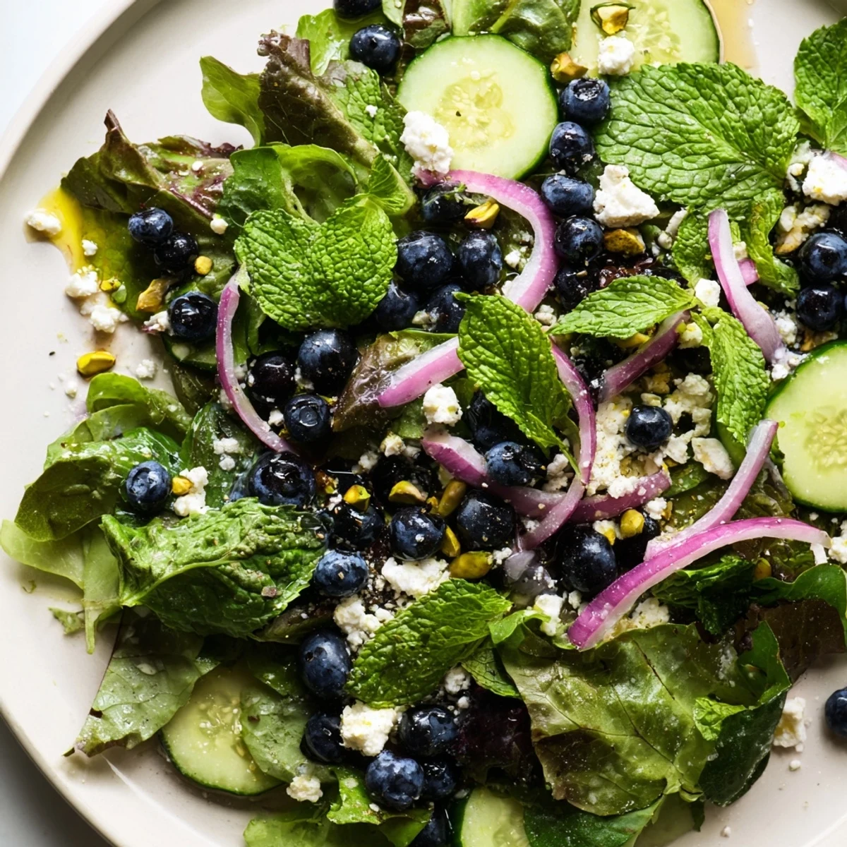 Vibrant blueberry pistachio spring salad featuring juicy berries, crunchy nuts, cucumber, and mint tossed in light vinaigrette