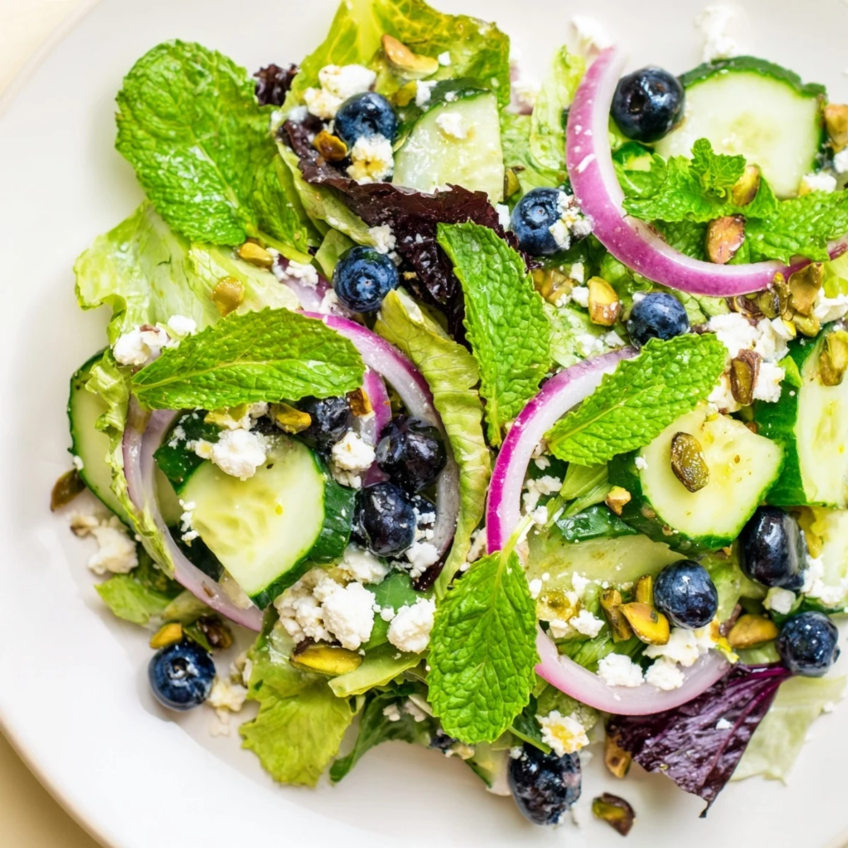 Colorful blueberry pistachio spring salad plated with toasted pistachios, red onion, and creamy feta cheese drizzled with dressing