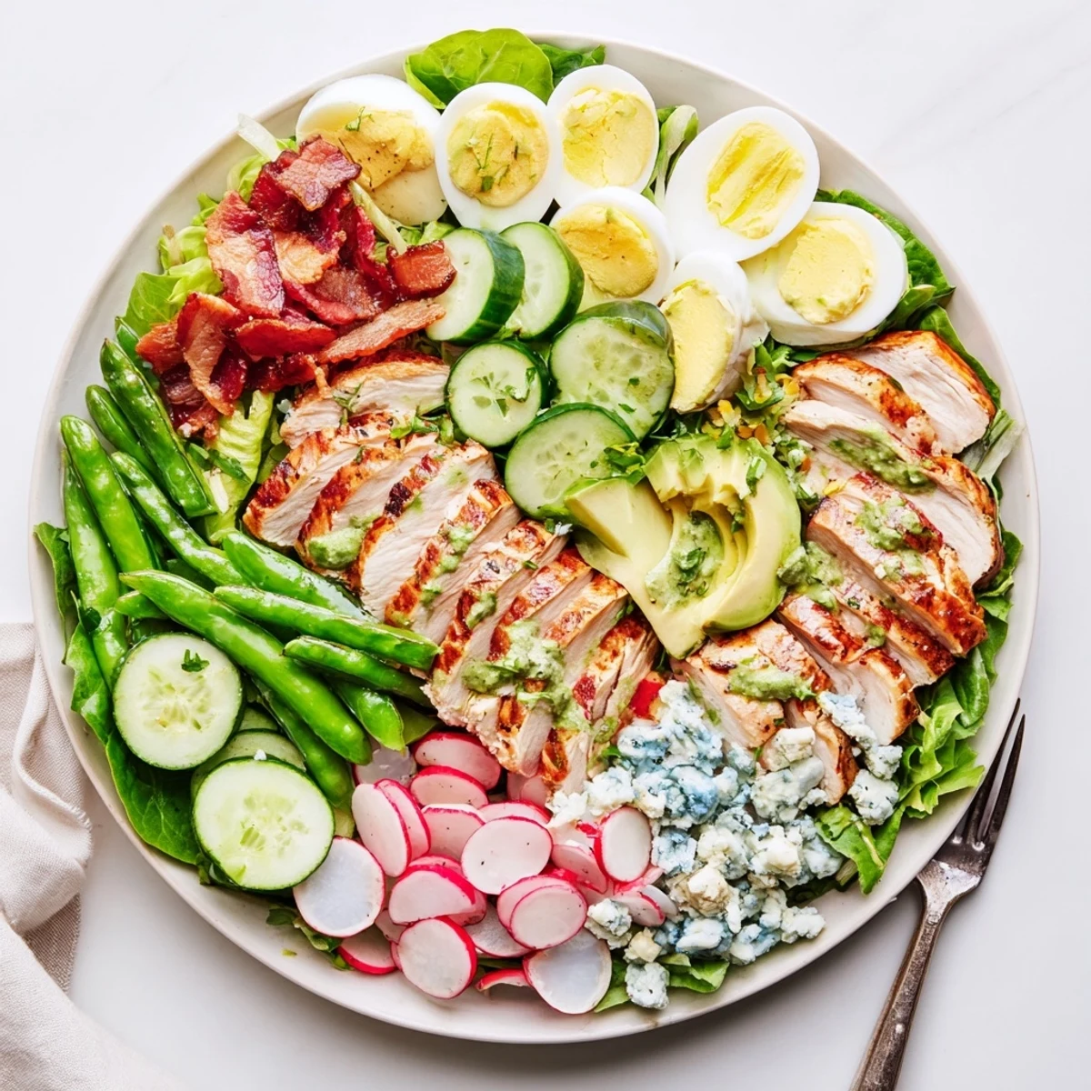 Colorful Spring Cobb Salad arranged with chicken, eggs, bacon, avocado, and crisp vegetables on a bed of mixed greens