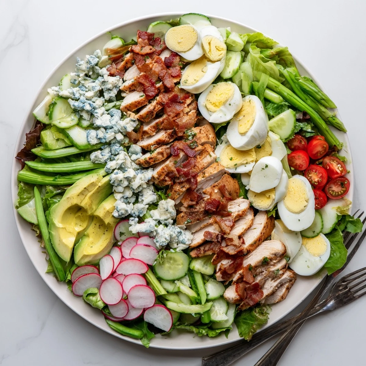 Vibrant Spring Cobb Salad featuring rows of avocado, cherry tomatoes, cucumber, and protein over spring greens with herb vinaigrette