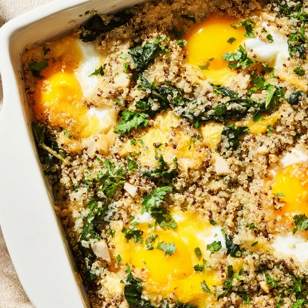 Golden brown quinoa spinach and egg bake with melted cheese topping and fresh parsley garnish