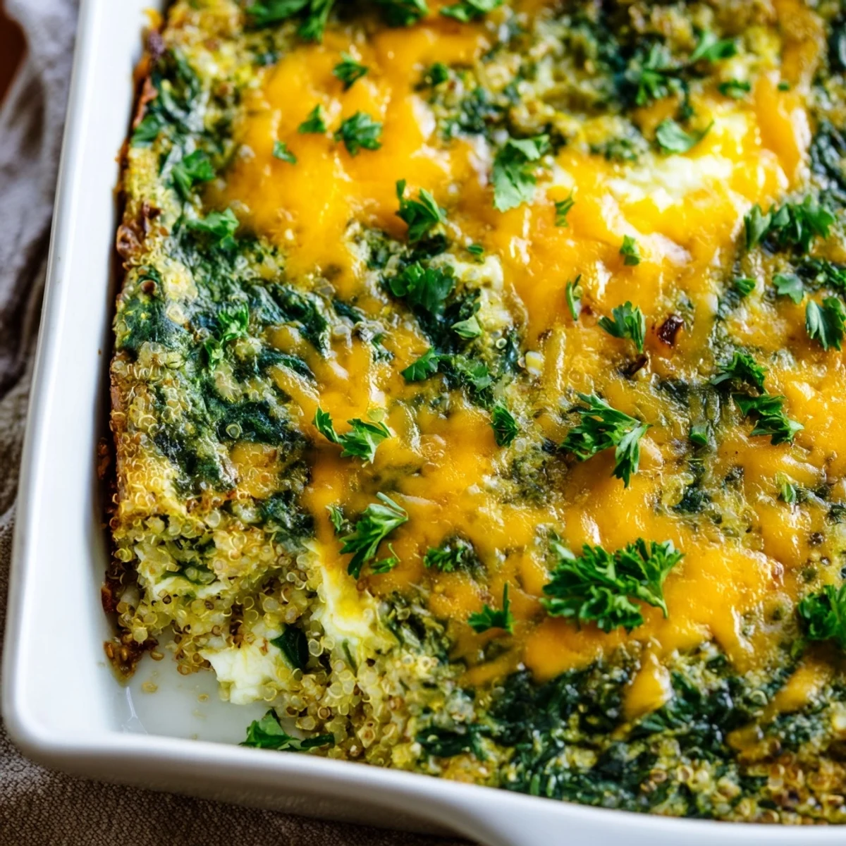 Protein-packed vegetarian casserole featuring fluffy quinoa, wilted spinach, and baked eggs in a serving square