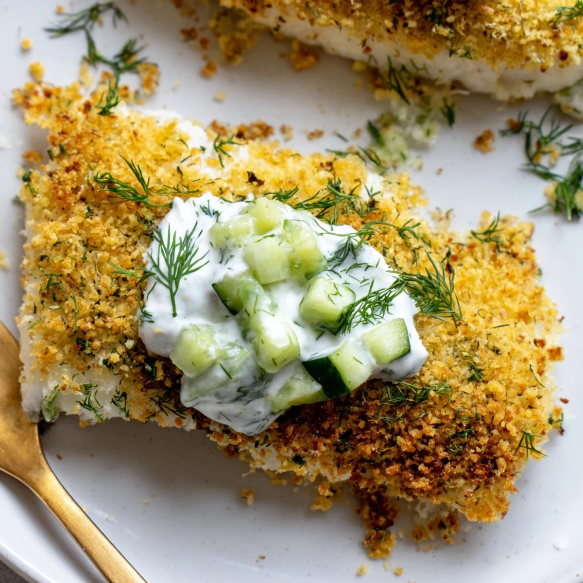 Crispy baked fish with dill and lemon served alongside cool cucumber yoghurt topping