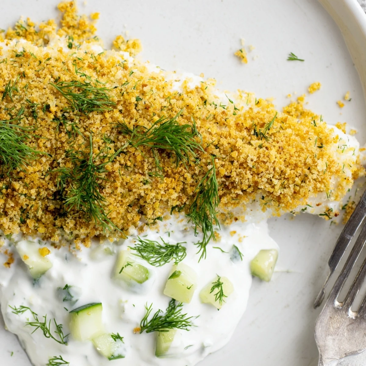 Golden crumbed fish fillets fresh from the oven with tangy cucumber yoghurt sauce