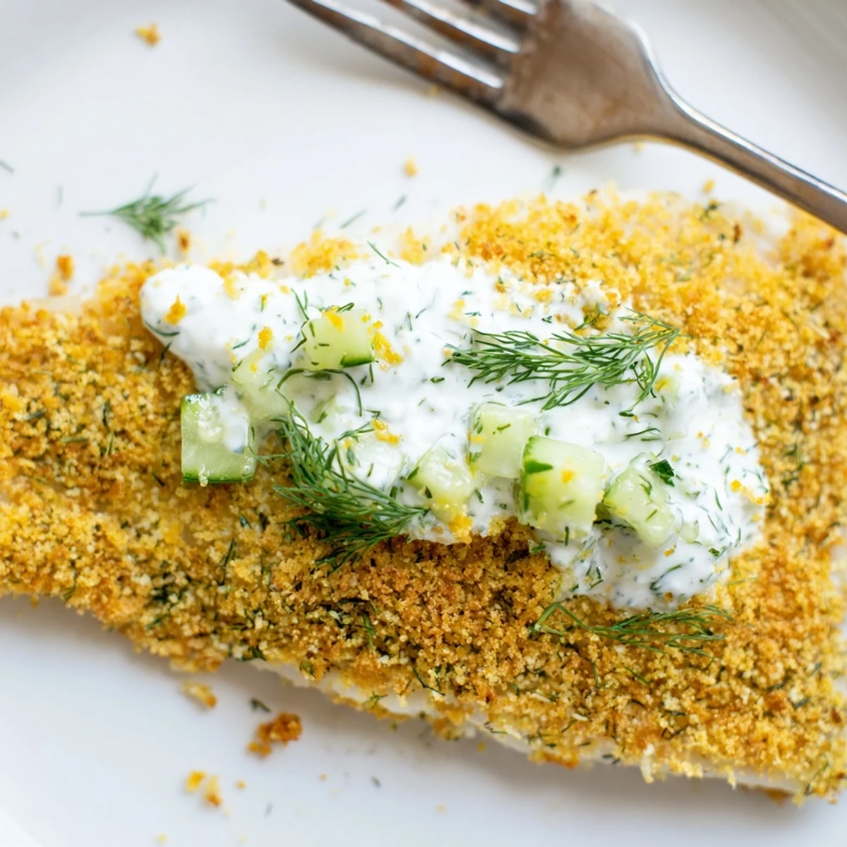 Oven baked crumbed fish with golden crunchy coating and refreshing dill lemon yoghurt