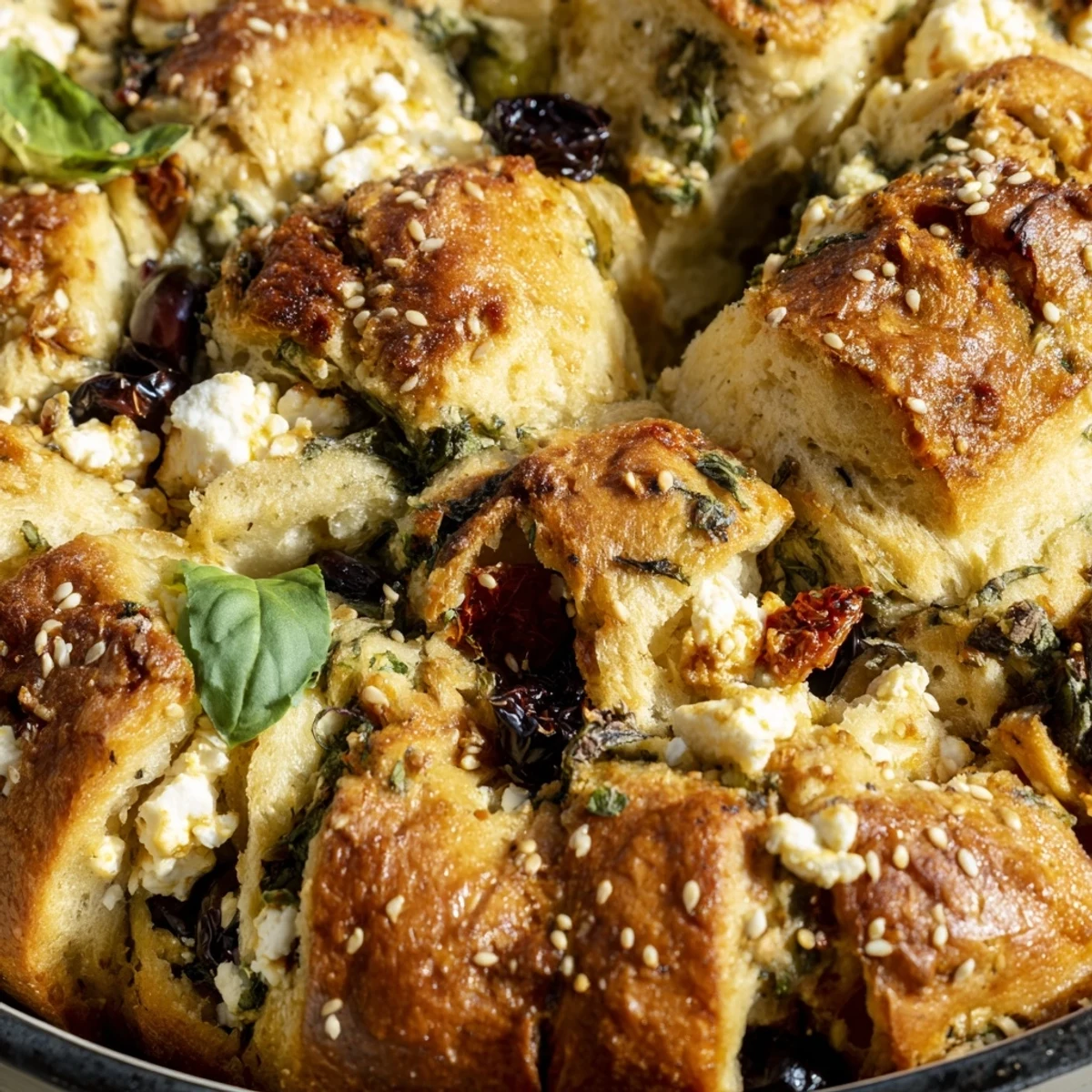 Golden Mediterranean pull-apart bread stuffed with feta, olives, and sun-dried tomatoes
