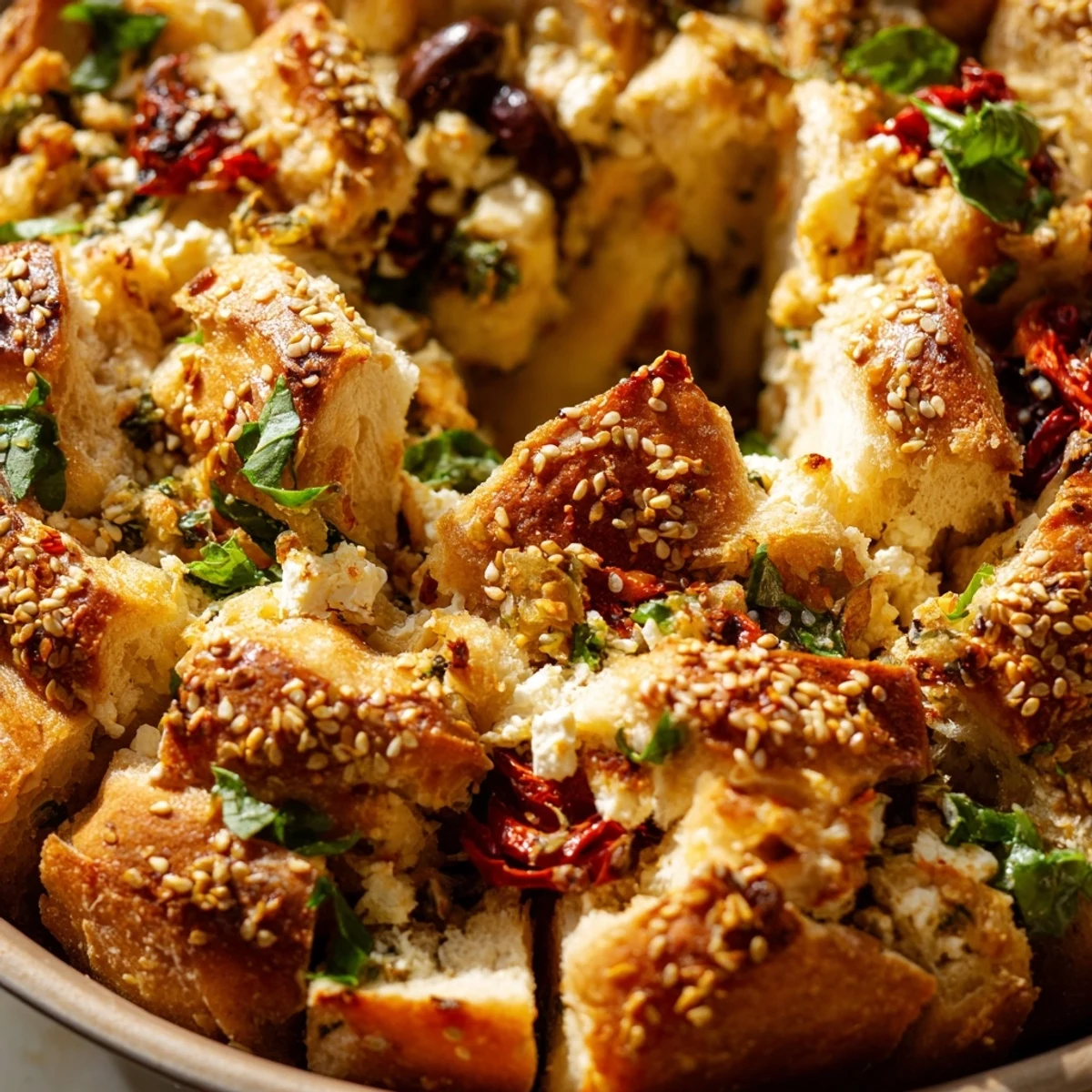 Warm pull-apart bread featuring layers of feta, tomatoes, and fresh basil