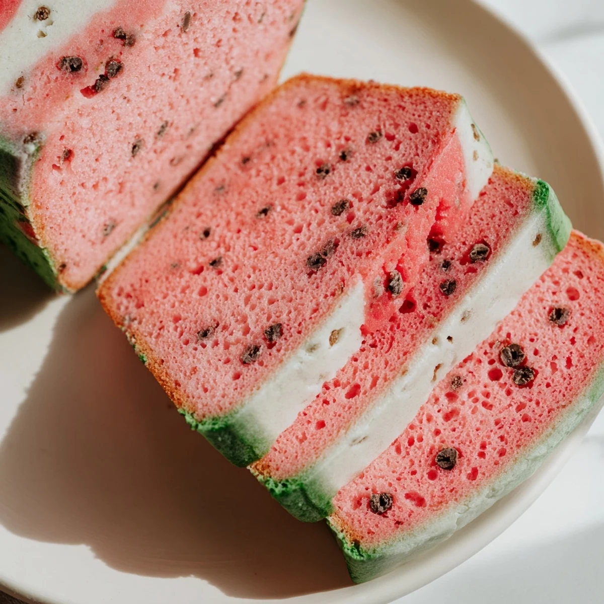 Freshly baked watermelon bread loaf sliced open revealing vibrant red pink center with chocolate chip seeds