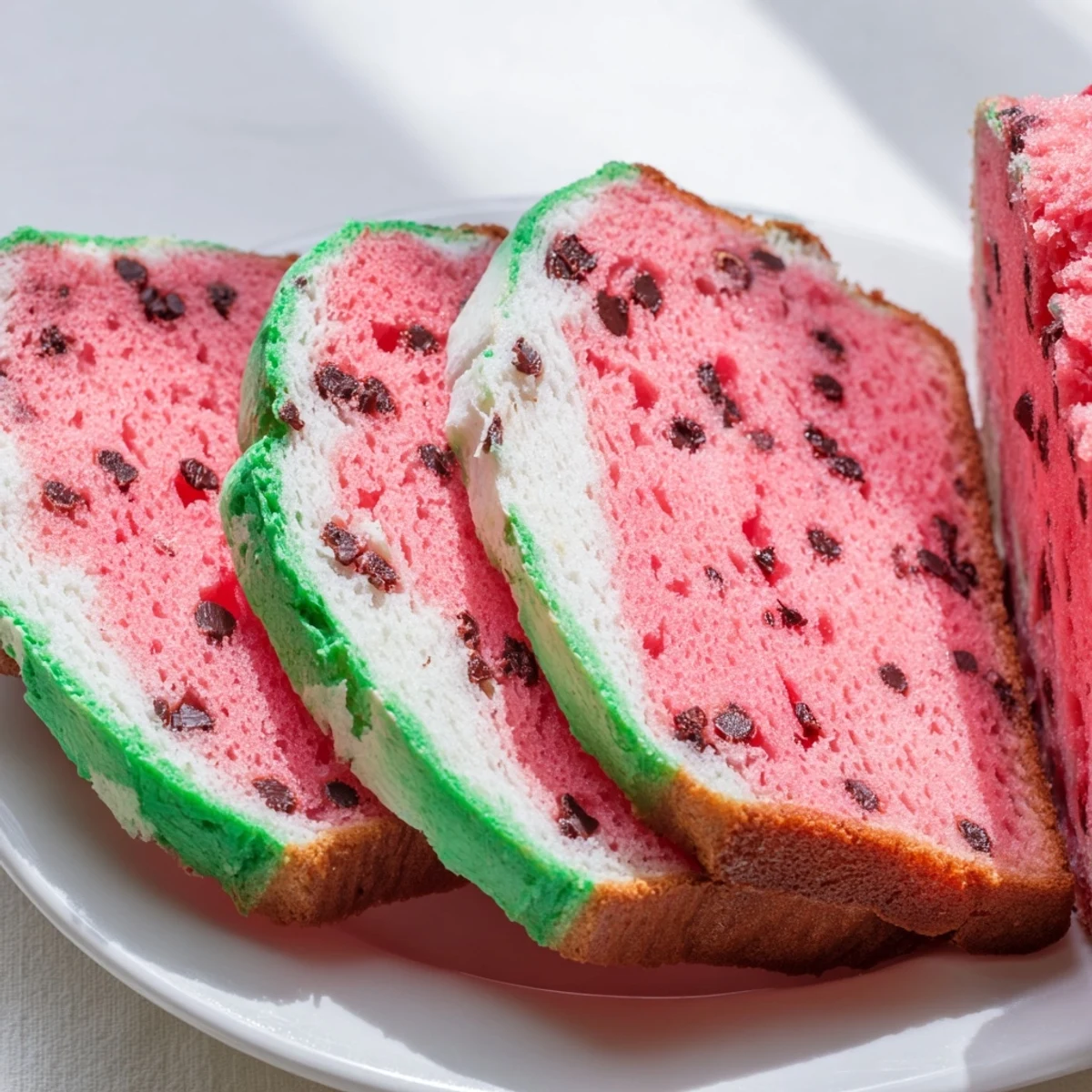 Swirled watermelon bread with green crust white rind and tender red crumb on wooden cutting board