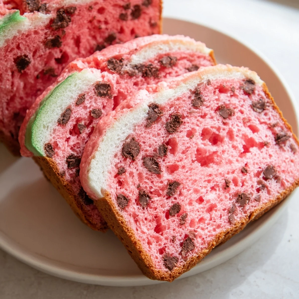 Homemade watermelon bread showing colorful cross section layers perfect for summer brunch or fun kids snack