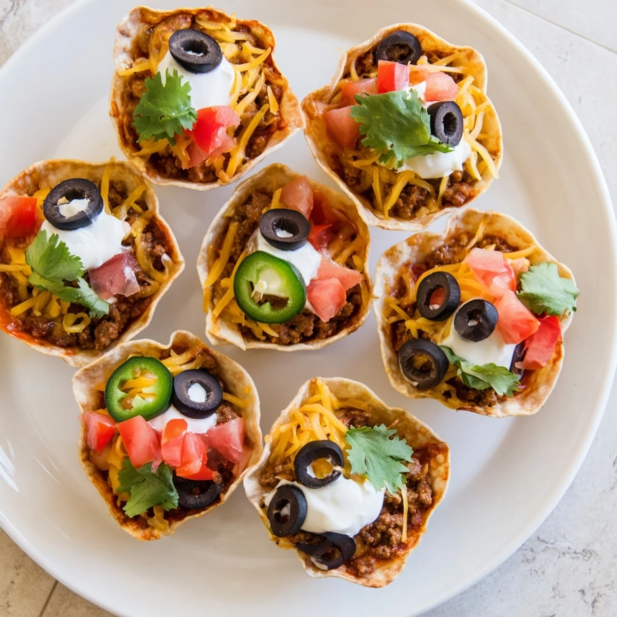 Bite-sized taco cups filled with seasoned ground beef, melted cheddar, and colorful fresh toppings