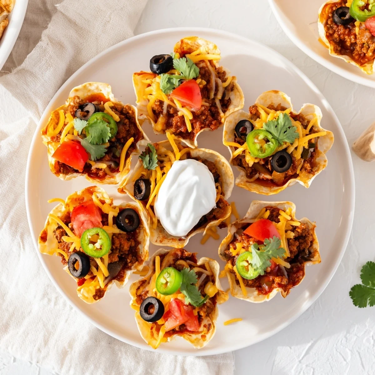 Golden mini taco cups with savory beef mixture and sour cream garnish on white plate