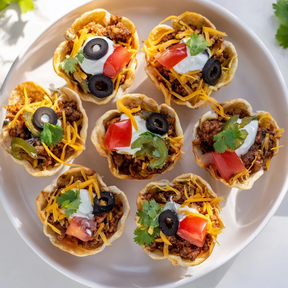 Tex-Mex appetizer of crispy tortilla cups topped with spiced meat, cheese, and vibrant cilantro